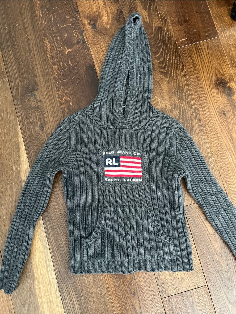 Ralph Lauren Gray Ribbed Hooded Sweater with Flag Patch M (runs smaller)